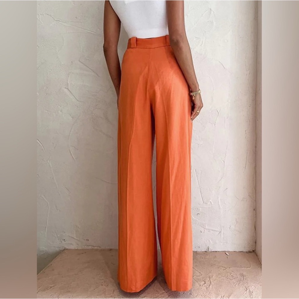 Commense Pleated Orange Wide-Leg Linen Pants - Picture 2 of 7